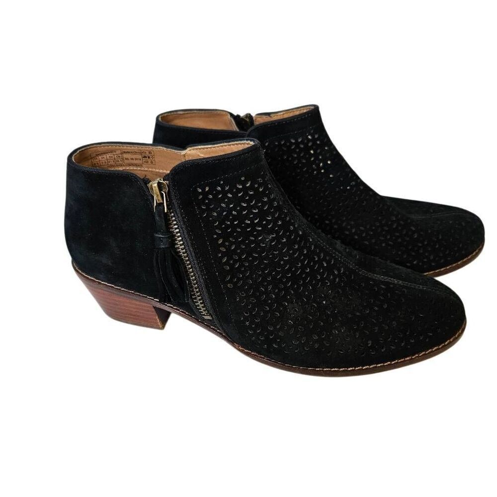 Vionic side zip ankle booties,  black perforated suede. 9.5